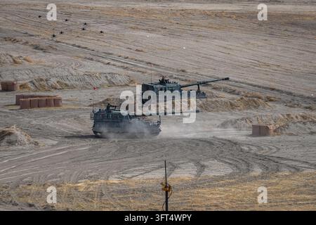 Turkey Rocket Ranges Land Forces T-155 F?rt?na self-propelled howitzers maneuver across the ...