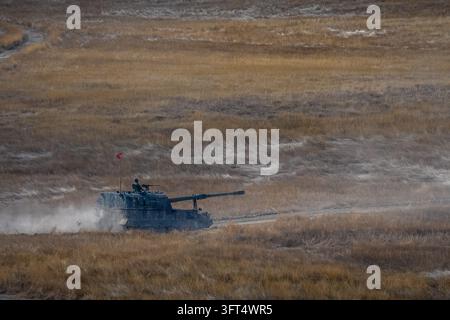 Turkey Rocket Ranges Land Forces T-155 F?rt?na self-propelled howitzers maneuver across the ...