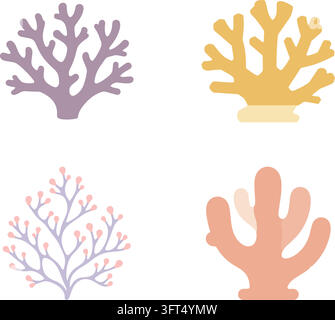 A colorful flat illustration collection featuring stylized coral forms in muted purple, yellow, pink, and peach tones. The set includes branching reef Stock Vector