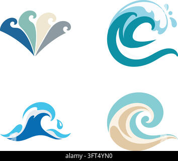 A clean flat illustration set featuring stylized ocean waves in various shapes, including curling surf crests, flowing water marks, spiral waves, and Stock Vector