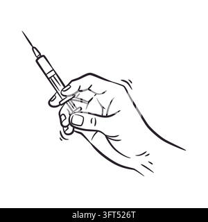 A monochrome line art sketch showing a human hand gripping a medical syringe ready for injection. Features a minimalist hand-drawn vector outline on a Stock Vector
