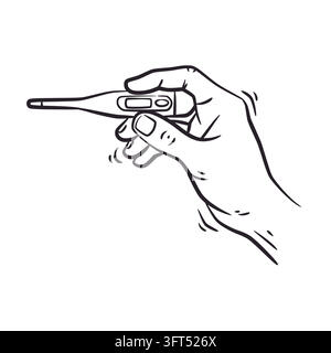Black and white line art illustration featuring a human hand holding a digital thermometer. Simple hand-drawn sketch style with clear outlines on a wh Stock Vector