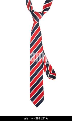 A pre-tied men's silk necktie featuring classic diagonal stripes in red, navy blue, and white, hanging straight and isolated on a clean white backgrou Stock Photo