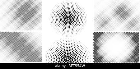 Collection of six distinct halftone dot patterns with varying density and radial and diagonal arrangements on a white background with offering diverse Stock Vector