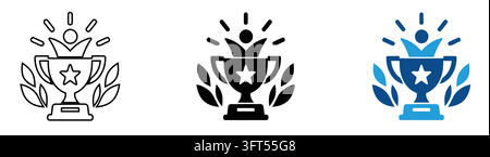 Collection of three reward icons outline solid black and blue showcasing a trophy with a star laurel leaves with displays three distinct icon variatio Stock Vector