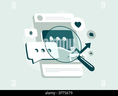 Social media listening with conversations, mentions and engagement signals across digital channels. Social listening tracks audience sentiment, brand mentions and emerging trends, vector illustration. Stock Vector