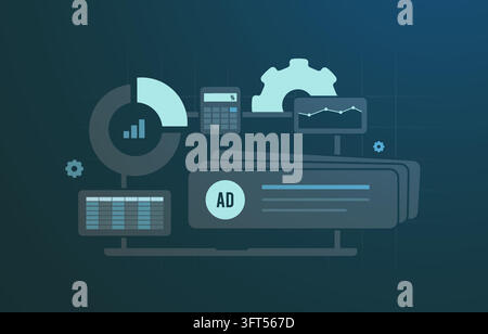 PPC analytics with ad performance, spend and conversion metrics across paid search campaigns. Pay-per-click analytics tracks CPC, CTR, conversions and campaign efficiency, vector illustration. Stock Vector