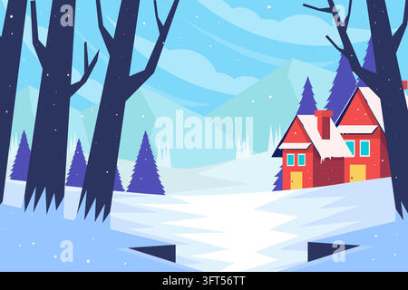 Winter Forest Landscape Background Snowy Village Houses Vector Stock Vector