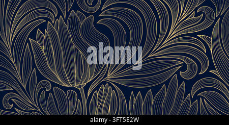 Elegant vector abstract line pattern with golden leaves, Art Deco nouveau elements. Luxury floral background, graphic design, swirl japanese wallpaper Stock Vector
