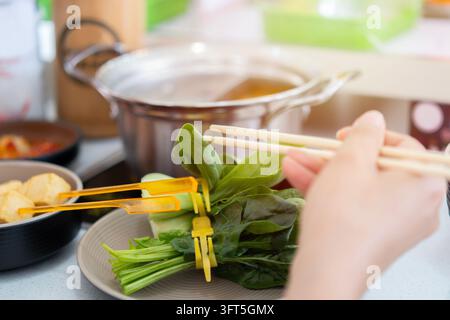 Holding or using chopsticks on hot pot with smoke for Japanese hot pot also known as Shabu Shabu or Sukiyaki is Japanese style. Choose boiled food for Stock Photo