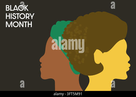 Black History Month abstract banner with traditional colors. Afro, american womans silhouettes. Vector illustration on banner. Stock Vector