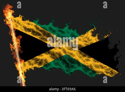 3D illustration. Flag of Jamaica on a ceremonial standing flag on a ...