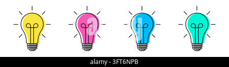 Colorful light bulbs glow with ideas. Each bulb shines bright, symbolizing creativity. Simple lines define their form and light. Stock Vector