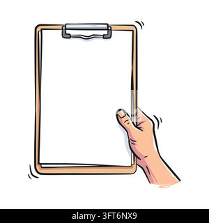 Clean hand-drawn illustration depicting a hand holding a wooden clipboard featuring a blank white paper sheet. Styled with bold comic outlines and sub Stock Vector