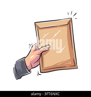 Clean hand-drawn illustration showing a hand holding a brown kraft padded mailer envelope. Features bold comic line art and subtle sheen highlights on Stock Vector