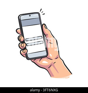 Detailed hand-drawn illustration showing a hand holding a modern smartphone display screen. Features dynamic comic-style outlines and realistic highli Stock Vector