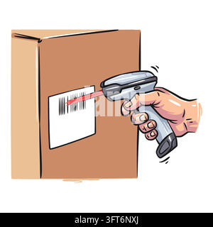 Detailed illustration showing a hand operating a barcode scanner with a red laser beam pointed at a cardboard package label. Rendered in a bold comic Stock Vector