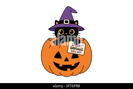 Cute black cat in a pumpkin for halloween sale isolated on transparent background Stock Vector