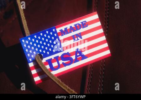Close-up of Made in USA tag on leather boot Stock Photo