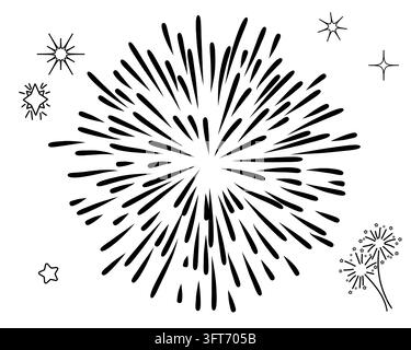 Fireworks with sparks, black and white linear vector illustration. For ...