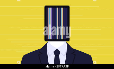 Robotic businessman with touch screen device in place of his head, the screen is showing glitches Stock Vector