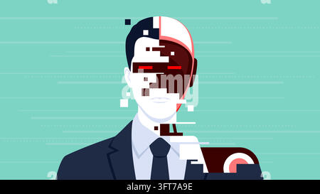Creepy threatening AI robot hiding inside a businessman body: AI agent concept Stock Vector