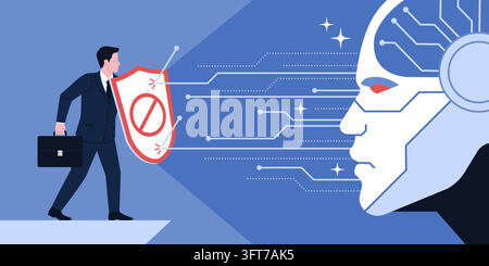 Confident businessman protecting his business from AI risks, he is holding a shield and standing in front of a huge robot head Stock Vector