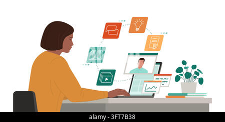 Woman using her laptop and taking online classes: e-learning and adult education concept Stock Vector