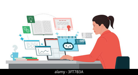 Young woman typing on her laptop and taking online classes with AI, she is chatting with a chatbot Stock Vector