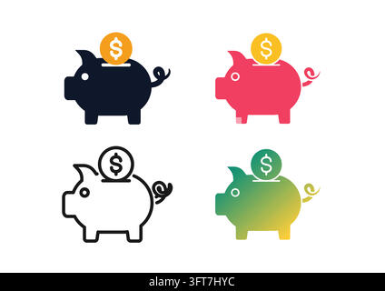 Vector icon set featuring piggy banks with dollar coins being deposited, representing money savings, investment funds, and capital accumulation. Desig Stock Vector