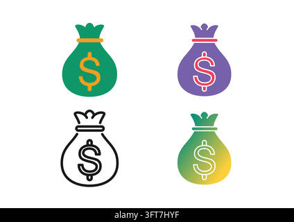 Vector icon set featuring tied money bags stamped with a dollar sign, representing capital accumulation, wealth, financial loans, funding, and revenue Stock Vector