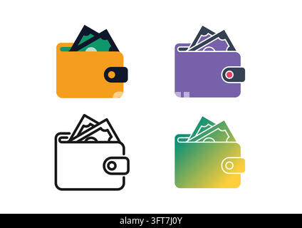 Vector icon set featuring leather wallets filled with protruding cash banknotes, representing personal savings, budget management, digital wallets, ca Stock Vector