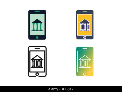 Vector icon set featuring smartphones displaying a classical bank building on screen, representing online mobile banking, digital financial services, Stock Vector