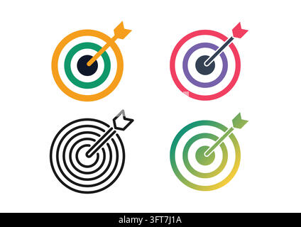 Vector icon set featuring target bullseyes with an arrow hit in the center, representing business goals, marketing strategy, precision, focus, and obj Stock Vector