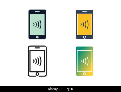 Vector icon set featuring smartphones displaying contactless wave symbols, representing NFC mobile payments, digital wallet transfers, and wireless ba Stock Vector