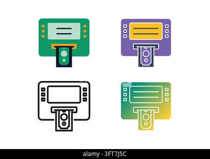 Vector icon set depicting automated teller machine (ATM) interfaces with screen displays, side keypads, and cash dispenser slots issuing banknotes. St Stock Vector