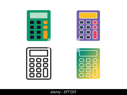 Vector icon set featuring digital calculators for financial accounting, budget calculations, tax estimation, and math operations. Styled in flat color Stock Vector