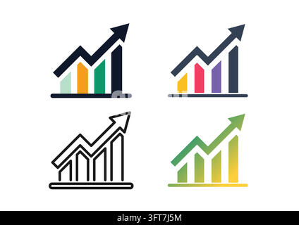 Vector icon set featuring bar graphs with upward trending arrows, representing business growth, sales performance, financial analytics, and market suc Stock Vector