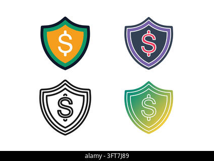 Vector icon set featuring security shields centered with dollar currency symbols, representing money protection, financial insurance, secure transacti Stock Vector