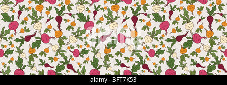 Whimsical Multicolor Beetroot Seamless Pattern with Hand Drawn Leaves Stock Vector
