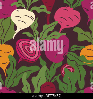 Bold Colorful Beetroot Illustration Pattern on Dark Burgundy Stock Vector