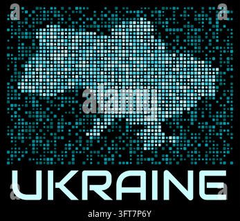 Ukraine digital dotted map. Shape of the country in cyan color palette on dark background. Futuristic Ukraine map design. Vector illustration. Stock Vector