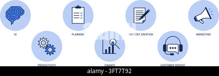 Business and technology services icon set: AI, productivity, planning, finance, content creation, customer service and marketing Stock Vector