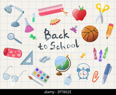 Back to School collage of colorful classroom supplies on grid background with globe paint palette pencils and alarm clock for education and learning Stock Vector