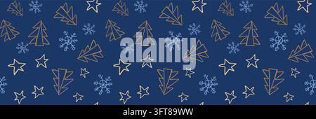 Hand Drawn Christmas Trees Stars and Snowflakes on Navy Blue Stock Vector