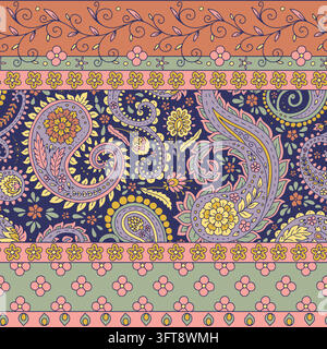 Seamless border pattern with intricate paisley motifs and decorative floral trims on dark blue background. Vibrant ethnic Indian vector print for Stock Vector