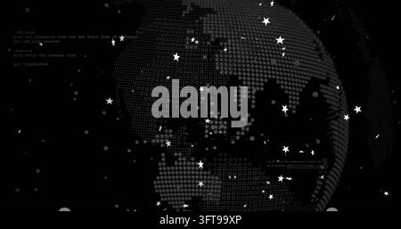 Displaying stylized halftone globe featuring ASCII characters in digital space, with star markers. Earth, planet, cyberspace, grid, dots, bokeh, monoc Stock Photo