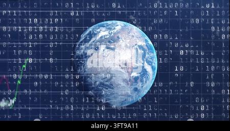 Displaying 3D planet Earth rotating in data dashboard, showing binary overlay and financial chart Stock Photo