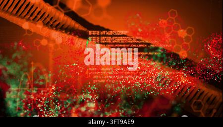 Showing braided tube threading through orange scene, glowing particles, floating code and hex grid Stock Photo