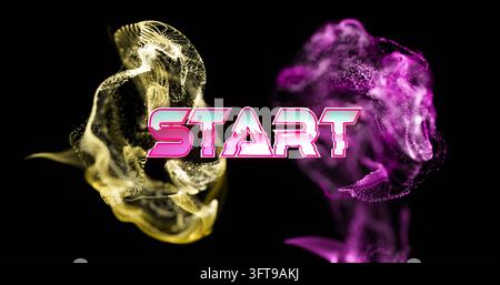 Displaying neon pink START glowing on black, with left gold particle plume and right magenta plume Stock Photo